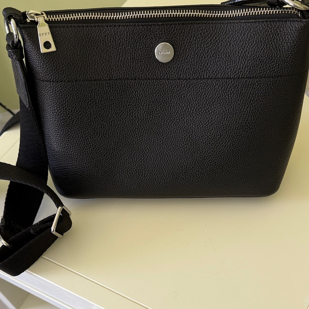 DKNY Black Textured Leather Crossbody Bag with Adjustable Strap